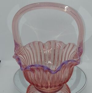 Vintage Pink Opalescent Basket Ribbed Art Glass Scalloped Lip Brides Basket
